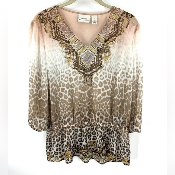 Chicos Size 1 US 8 Medium Top Sheer Leopard Sequin Peplum Shirt Animal Print - Picture 8 of 8